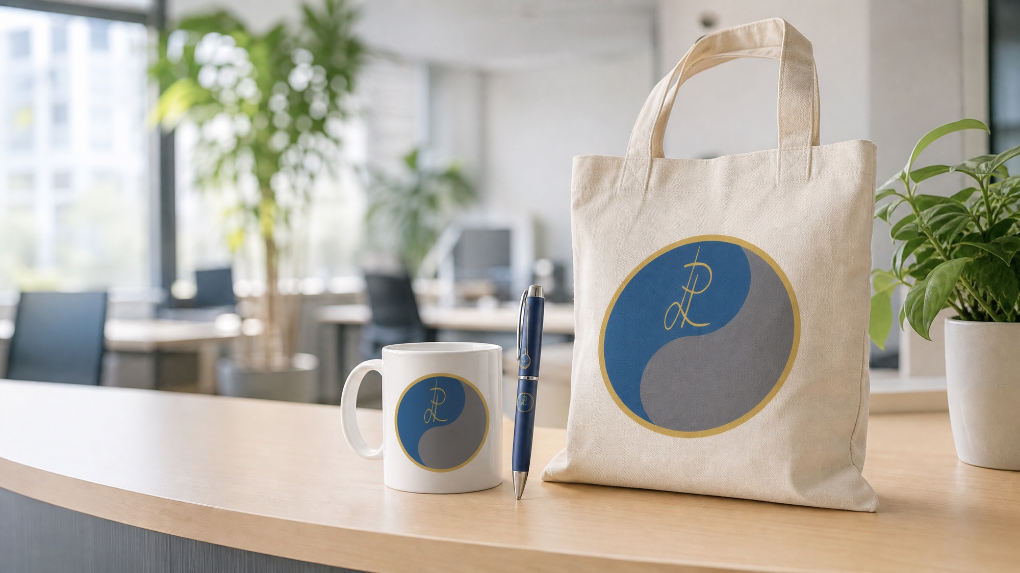 Kit de boas-vindas com caneca, caneta e eco-bag personalizadas em uma recepção de empresa